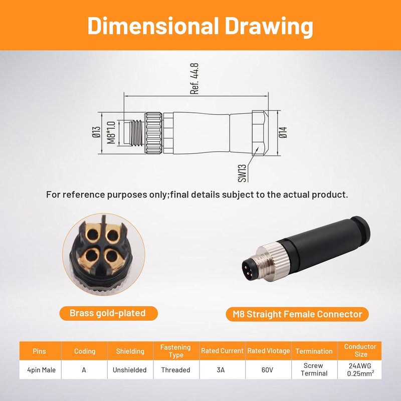 Elecbee 5PCS M8 4 Pin Connector Field Wireable A Coding Industrial Circular Connector Straight Male Assemble Aviation Plug Non-Shield Screw-Joint Connector, Outdoor Waterproof IP68 - Image 2